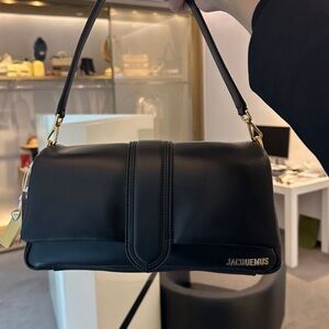 Jacquemus Black Leather Shoulder Bag with Gold Hardware